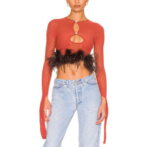Poster Girl 'Mira' Brown Heart Detail Faux Feather Semi Sheer Top Size OS
